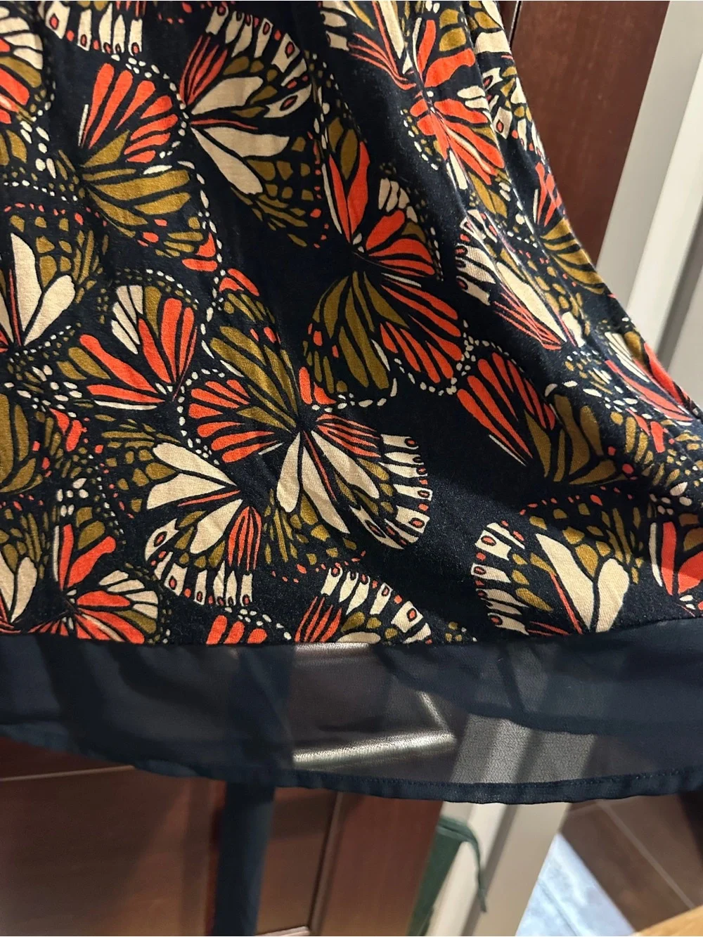 Modcloth Navy Sleeveless Tunic with Orange, Cream, and Olive Butterfly Print - Picture 4 of 6